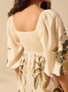 CAJUNI Vestido Curto Casual de Verão Praia Férias, Manga Lanterna, Estampa Tropical Azalea, Coqueiro, Monstera, Estilo Boho para Mulheres