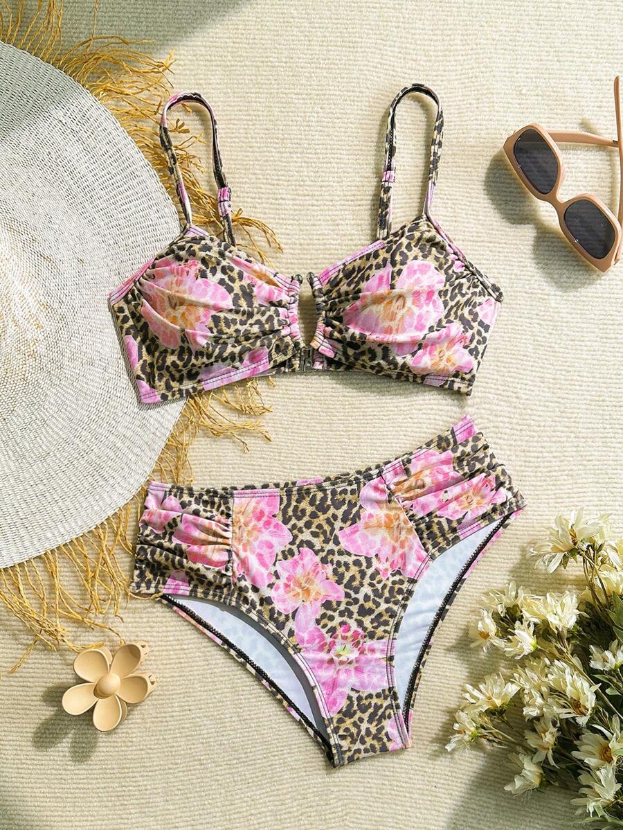 Soleia 2 件女士豹纹花卉印花褶皱 U 型钢圈比基尼套装，夏日海滩度假 - 彩色 - 查看 1