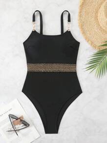 SHEIN Swim Mono elegante sin espalda con cordón en la cintura para mujer en color negro para vacaciones de primavera, Boho festival, para verano y playa