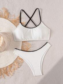 SHEIN Swim Conjunto de bikini de vacaciones de verano para mujer con detalles de flores - Blanco - Ver 1