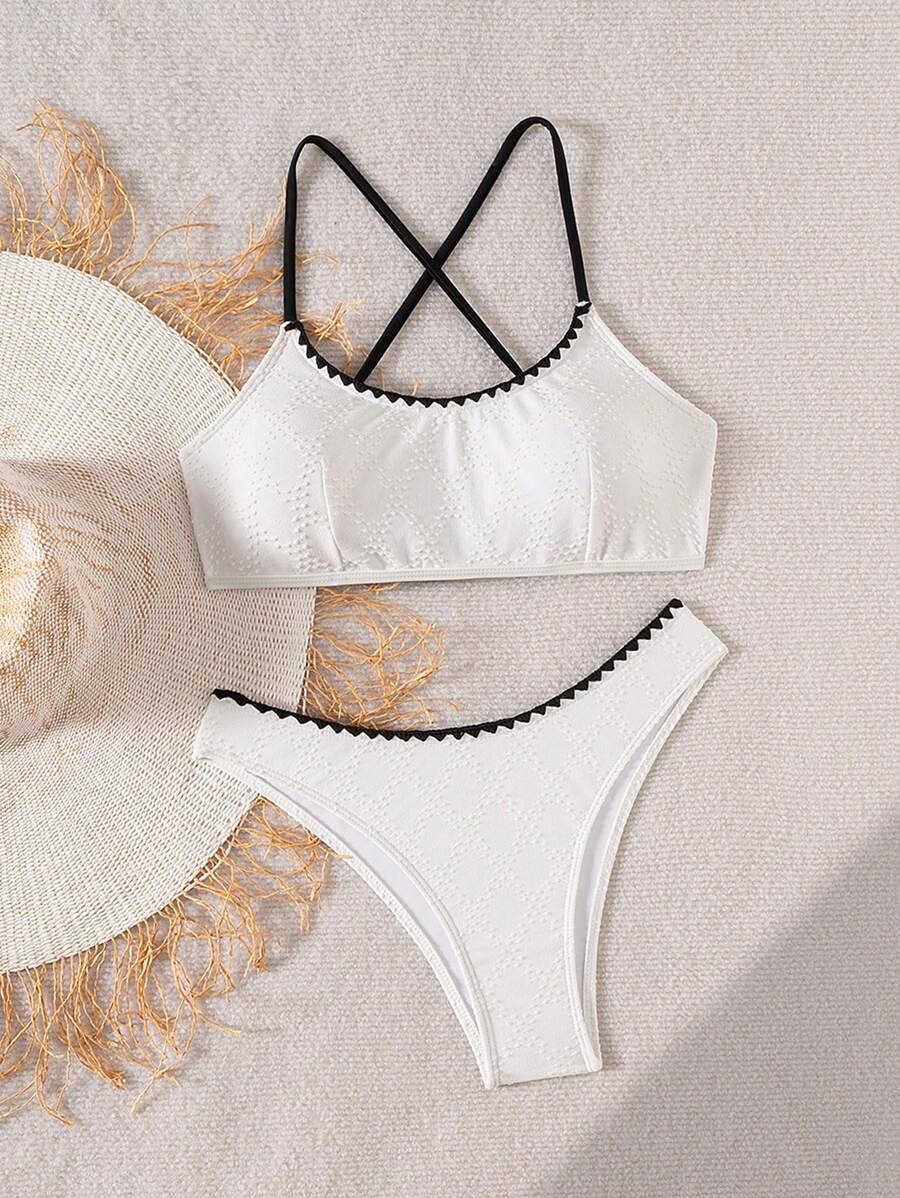 SHEIN Swim Women's Summer Beach Flower Bud Trim Sexy Bikini Swimwear Set Vacation - White - View 1