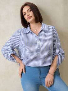SHEIN Clasi Plus Size Women's Rolled Sleeves Casual Elegant Striped Workplace Shirt, Women's Tops, Elegant Camisole, Women's Shirts, Black Shirts, Ladies Summer Clothing,