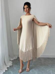 Elenzga Vestido con mangas tipo capa y dobladillo con flecos