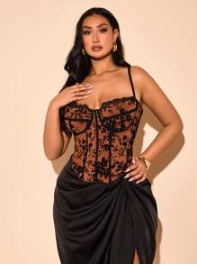 SHEIN BAE Plus Size Fall Sweet Sexy Black Lace Floral All Over Flocked Mesh Print Asymmetric Hem Spaghetti Straps Corset Top