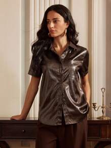 Anewsta Elaire Old Money Elegant Satin Short Sleeve Blouse For Women, Modest, Suitable For Spring/Summer - Brown - View 4