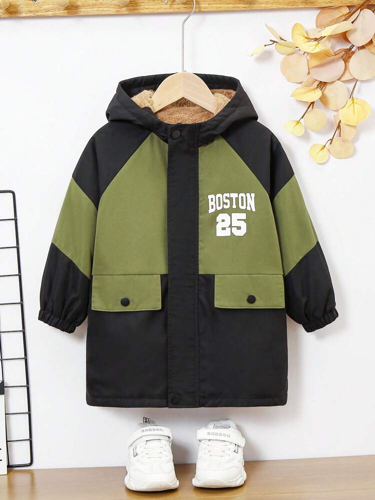Young Boy Casual Hooded Jacket, Street Style, Korean Fashion, Digital, Boston, Letter, Patchwork, Thick, Warm Lined, Extra Padded Shoulder, Perfect For Autumn & Winter