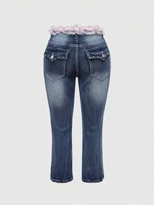 ROMWE J-Fashion Celana Jeans Wanita Model Crop Top Model Y2K dengan Hiasan Renda dan Ruffle, Potongan Pas Badan dan Model Mengembang, Panjang 3/4. - Biru - View 2