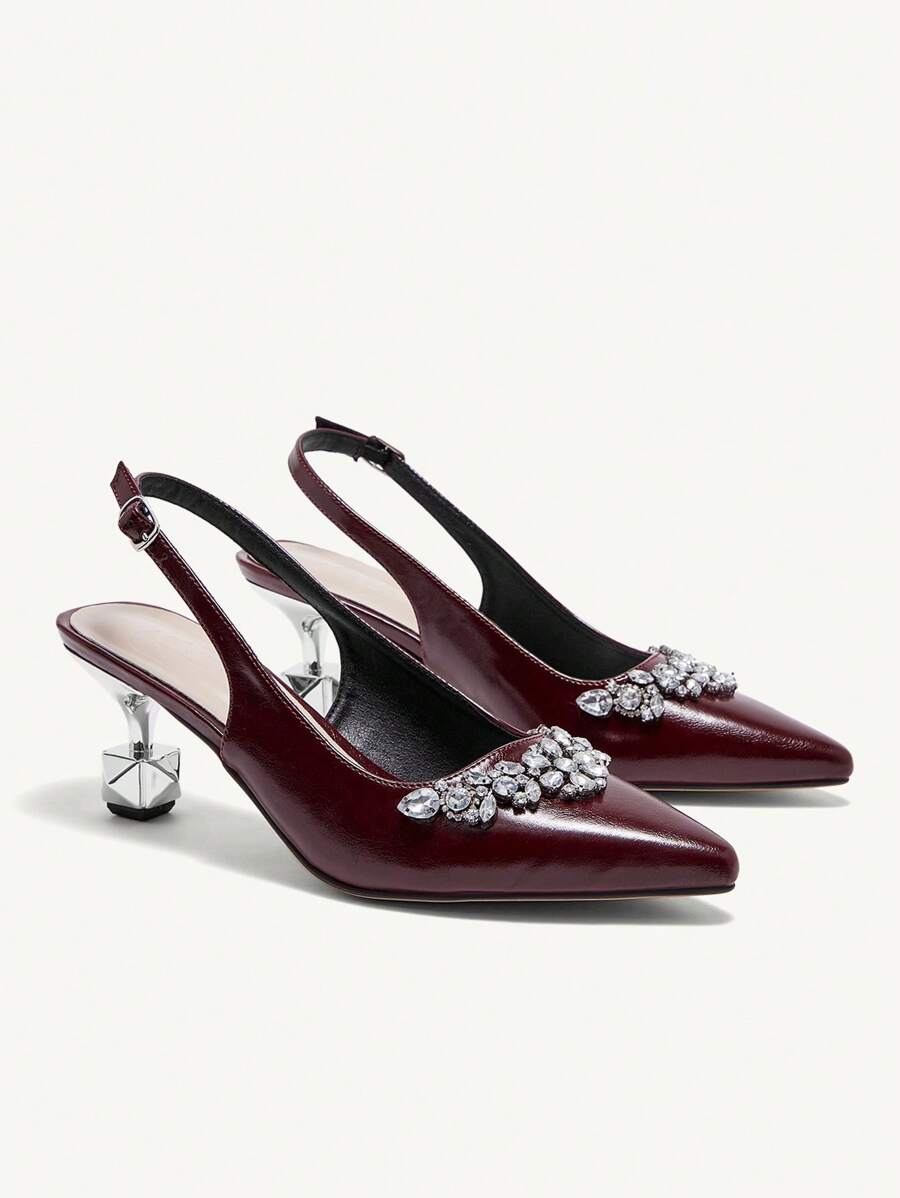 CUCCOO CHICEST 时尚优雅配色蝴蝶结米色尖头高跟鞋，适合宴会、婚礼、通勤、约会、派对春假复活节舞会高跟鞋 - 酒紅色 - 查看 1