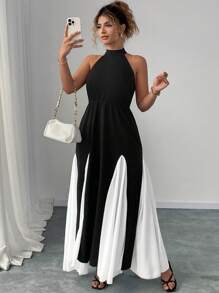 Elenzga Vestido midi con cintura asimétrica, corte en A y espalda descubierta de elegancia francesa para mujer talla grande - Negro - Ver 3