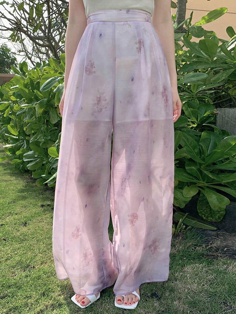 Women's New Summer Plant Print Wide Leg Pants, Loose Straight Leg High Waist Trousers, Versatile & Chic