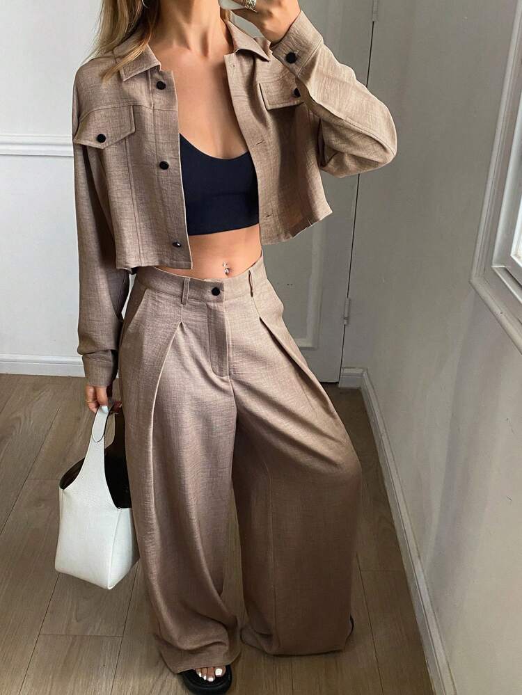 2pcs Casual Women Set, Solid Color Loose Short Sleeve Top And Wide-Leg Pants, Spring/Summer,Fall Clothes Lounge Sets For Women