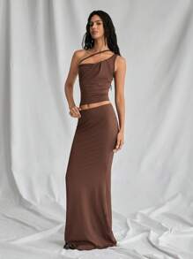 SHEIN Unity Set da 2 pezzi in stile boho per donna, composto da un top monospalla con vita in vita plissettata e una gonna lunga e asimmetrica a vita bassa a coda di pesce, dal colore caffè, adatto per festival musicali. - Caffè Marrone - Visualizzare 5