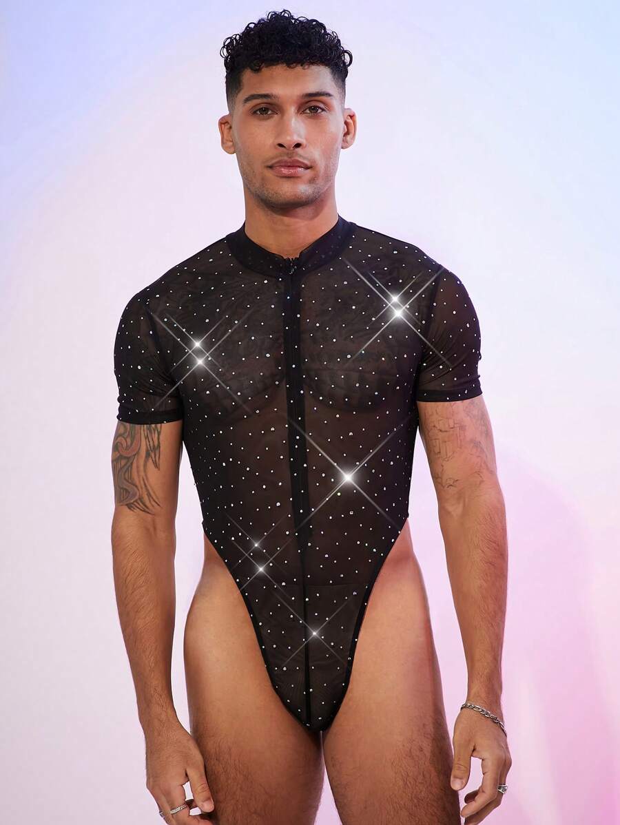 FeverCity Men's Sheer Mesh Jumpsuit & Overalls - Black - View 1