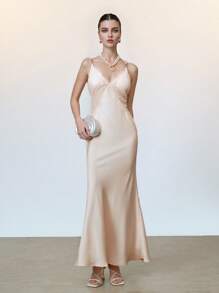 SHEIN LUNE Women's French Style Lace Faux Silk Blend Diamond Strap Sexy Fitted Deep V-Neck Maxi Fishtail Dress, Suitable For Party Spring/Summer - Champagne - View 4