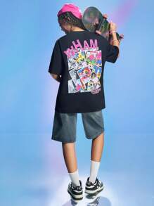 THE POWERPUFF GIRLS X SHEIN Women's Casual Blossom, Bubbles, Buttercup Pattern Short Sleeve Black Oversized T-Shirt, Summer/Spring - Black - View 3