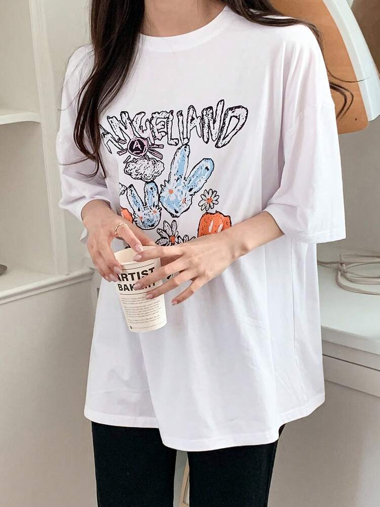 Women's Cartoon Graphic Print Short Sleeve Round Neck T-Shirt Summer Oversized T-Shirt, Teacher