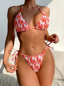 SHEIN Swim Bikini Set mit mehreren Stichelstichen und Schnürung, gestreift, Damen Lässig Strandurlaub Bademode Zweiteiler - Rot-Weiß - Übersicht 5
