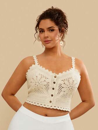 Travachic Plus Size Apricot Crochet Floral Button Decor Strappy Casual Tank Top For Women