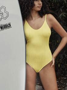 SHEIN Swim SPRTY Letni nowy żółty teksturowany materiał z odkrytymi plecami spaghetti ramiączkami monokini kostium kąpielowy, festiwalowy styl boho plaża wakacje jednoczęściowy kostium kąpielowy