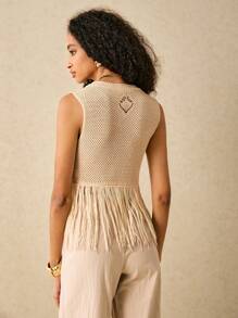 Poéselle 纯色夏季乡村音乐节度假风夏季纯色编织透明流苏蕾丝女式刺绣上衣钩针上衣针织V领上衣米色上衣 - 卡其色 - 查看 2