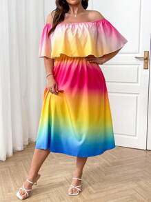 SHEIN Clasi Vestido elegante con hombros descubiertos, volantes y degradado para mujer talla grande - Multicolor - Ver 3