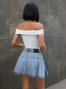 RueChic WOMEN MID WAIST FLOUNCE DETAIL DENIM SKIRT - Light Wash - View 2