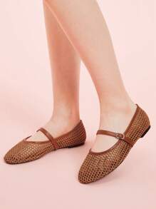 CUCCOO DOLLMOD Women's Flat Round Toe Woven Material Mary Jane Shoes, Simple Elegant Fashion For Vacation - Brown - View 3