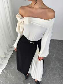 Modelyn Women's Elegant Off Shoulder Pleated Skirt 2 Pieces Set, Suitable For Work, Party And Daily Wear