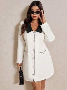 Elaquor Plus Contrast Collar Flap Detail Shirt Dress - White - View 5