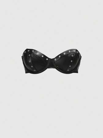 Grunge Punk Dark Punk Tube Top Eyelet Ribbon Underwire PU Bra Invisible Straps