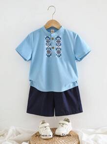 Cozy Pixies Young Boy Geo Print Mock Neck Tee & Shorts - Blue - View 1