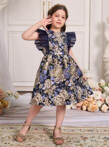 SHEIN 年轻女孩节日蕾丝网纱袖褶皱腰无袖连衣裙 - 彩色 - 查看 7