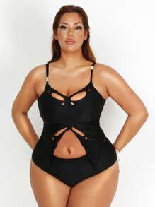 SHEIN Swim SXY Conjunto de tankini de talla grande con top tipo camiseta con abertura y braguitas, para el verano y la playa