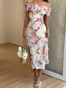 SHEIN Unity Floral Print Off Shoulder Mesh Dress - Pink - View 6