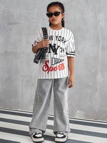 Girls Streetwear Casual Versatile Sports American Team Baseball Striped Graffiti Oversized Short Sleeve Crew Neck T-Shirt,Holiday,Summer,Travel - White - View 3