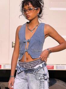 SHEIN Teen Girls' Y2K Blue Denim Bow Sleeveless Cropped Top,Kid Girls Spring And Summer Casual Vacation Boho Wear, Festival Outfits For Girls