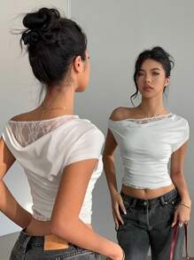 Siren Gaze Blusa corta con cuello asimétrico de encaje de doble capa, ajuste ceñido, estilo sexy, para conciertos/raves/Pascua, verano, estilo bohemio, festivales de música y vacaciones