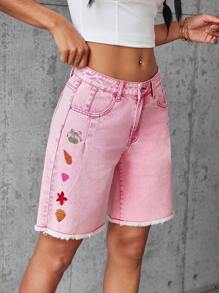 SHEIN EZwear Women's Button Front Pocket Casual Denim Shorts, Everyday Wear - Pink - View 4