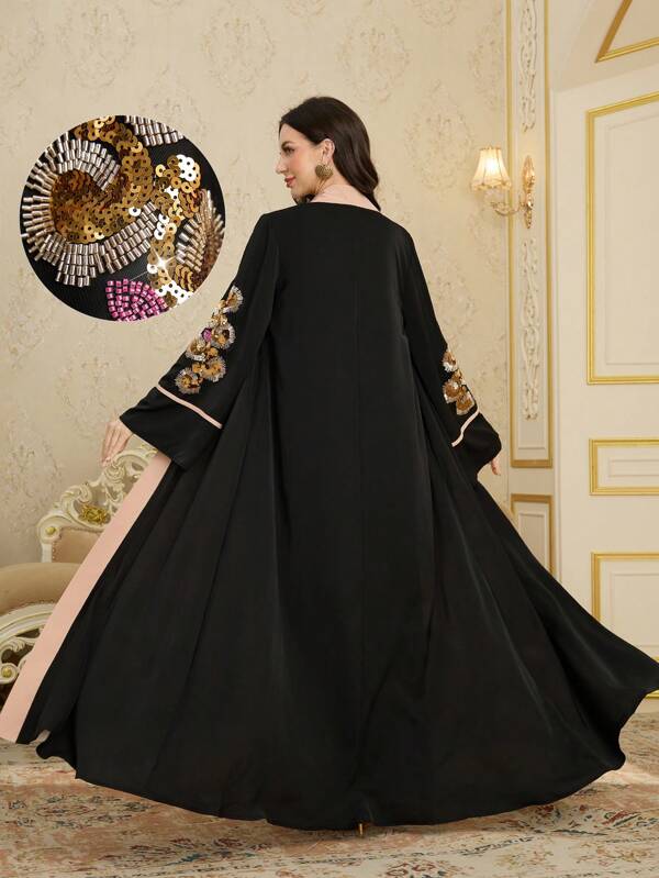 Al Najma Frühlings-/Sommer Damen arabischer Stil Abaya Gewand mit ausgestellten Ärmeln, Pailletten und Kontrast-Farbpaneel