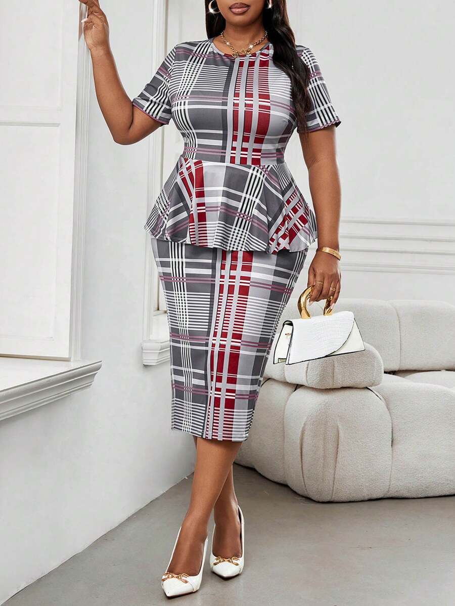 SHEIN Lady 春夏优雅通勤办公室彩色格子针织圆领荷叶边下摆开叉中长款短袖大码套装优雅服装大码女装女装夏季服装夏季夏装两件套女两件套女士两件套女士夏季套装女士两件套女士夏季套装女士夏季服装夏季套装女士夏季套装女士服装夏季两件套夏季套装大码夏装女装夏季服装女士夏季服装 - 彩色 - 查看 1