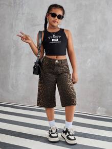 SHEIN Pantalones anchos de pierna ancha recortados con estampado de leopardo suelto y estilo retro para niña preadolescente en verano