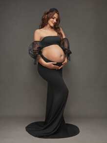 SHEIN Solid Color Maternity Mermaid Maxi Dress For Pregnancy Photoshoot - Black - View 3