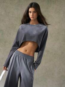 LYSMO 2025 New Arrival Spring Summer Oversized Washed Raglan Sleeve Cropped Top - Grey - View 1