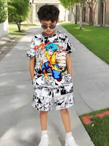 SHEIN Leap Crew 2pcs Tween Boys Casual Short Sleeve T-Shirt And Shorts Set, Street Punk Rock Preppy Style For Daily Wear, Party, Music Festival, Suitable For Sports, Spring/Summer Season, Cartoon Print - Black - View 1