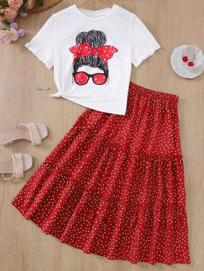 SHEIN Teen Girls Elegant Retro Cute Knit Little Girl & Floral Bow Printed T-Shirt And Floral Printed Long Skirt 2 Pieces Set, Suitable For Vacation, Casual, Festival, Lunch, Music Festival, Polka Dot & Bow T-Shirt With Ruffle Hem Holiday Outfits