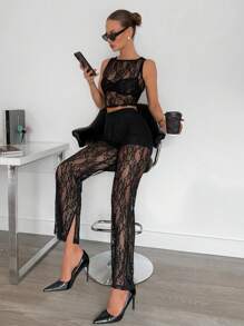 Siren Gaze Set de top negru + pantaloni Top din dantelă + pantaloni din tricot evazați din dantelă cu talie înaltă, set de 2 buc pentru femei, set de 2 buc pentru femei, din dantela transparentă, jacquard, ținută sexy de petrecere.