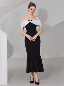 Modelyn A Celebrity Black And White  Bowknot  Fish Tail Dress Women's Long Dress Simple Fashion Casual Daily