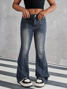 Tween Girl Retro Washed Denim Flared Jeans, Casual & Fashionable Design - Dark Wash - View 6