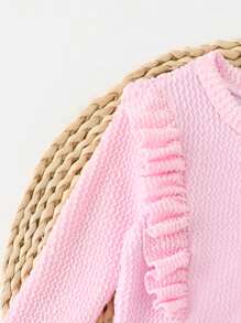 Baby Girl Solid Color Holiday Ruffle Zipper Placket Long Sleeve Beach One-Piece Swimsuit - Pink - View 3