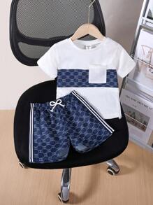 Set de 2 piezas para niños pequeños: Camiseta de cuello redondo y shorts estampados, perfecto para vacaciones, viajes, relajarse, tomar el sol en verano